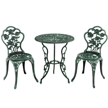 3 Pieces Outdoor Cast Aluminum Patio Furniture Set Bistro Set with Rose Design-Green