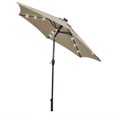 9 ft. Steel Patio Umbrella with LED Lights and Crank in Tan