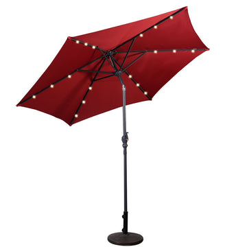 9 ft. Steel Patio Umbrella with LED Lights and Crank in Burgundy