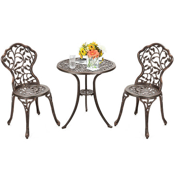 3 Pieces Outdoor Cast Aluminum Patio Furniture Set Bistro Set with Rose Design-Bronze
