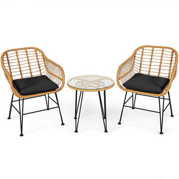 3-Piece Metal Rattan Patio Conversation Set with Black Cushioned Chair Table