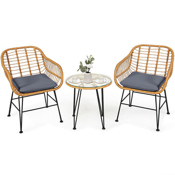 3-Piece Metal Rattan Patio Conversation Set with Gray Cushioned Chair Table