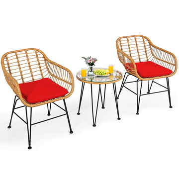 3-Piece Metal Rattan Patio Conversation Set with Red Cushioned Chair Table