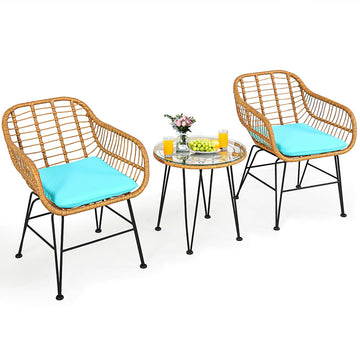 3-Piece Metal Rattan Patio Conversation Set with Turquoise Cushioned Chair Table