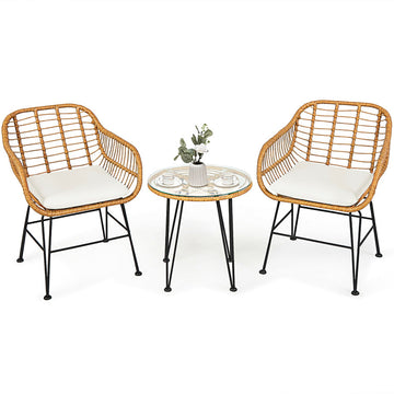 3-Piece Metal Rattan Patio Conversation Set with White Cushioned Chair Table