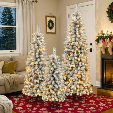 3 Pcs Flocked Artificial Christmas Tree Set with Lights, 4ft 5ft 6ft Christmas Snow Tree Set, Christmas Decor