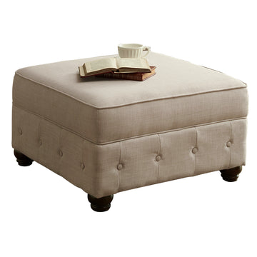 Beige Square Ottoman with Button Tufting and Wooden Legs, Linen Upholstery