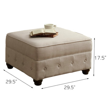 Beige Square Ottoman with Button Tufting and Wooden Legs, Linen Upholstery