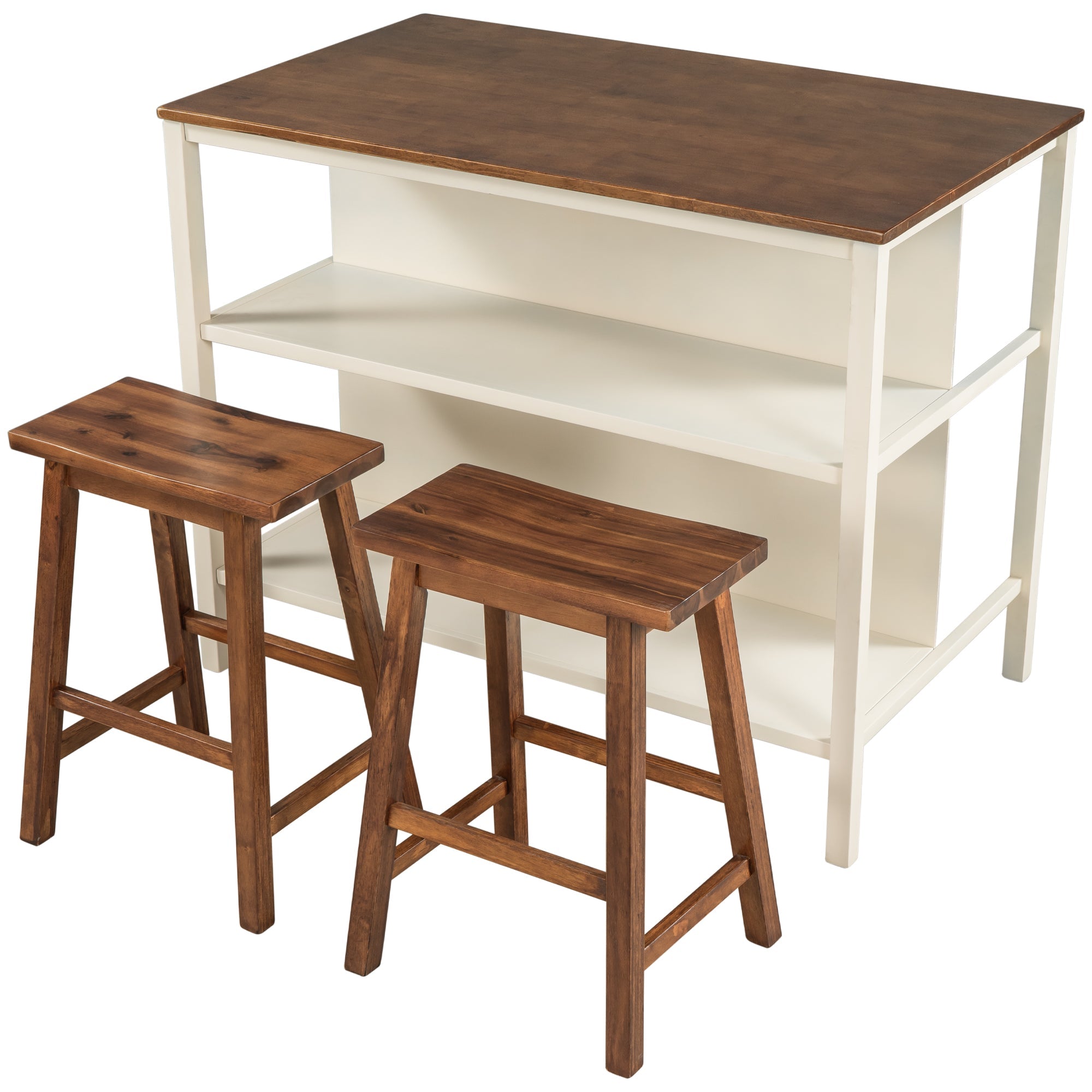 Solid Wood Rustic 3-piece 45 in. Stationary Kitchen Island Set with 2 Seatings, Rubber Wood Butcher Block Dining Table Set Prep Table Set with 2 Open Shelves for Small Places,Walnut+Cream White