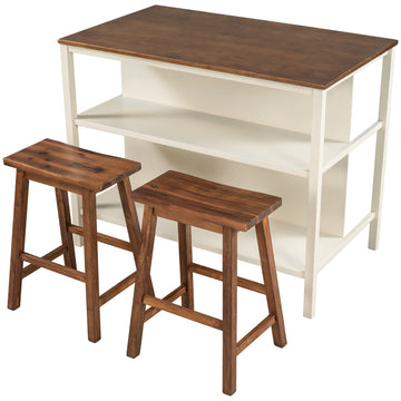 Solid Wood Rustic 3-piece 45 in. Stationary Kitchen Island Set with 2 Seatings, Rubber Wood Butcher Block Dining Table Set Prep Table Set with 2 Open Shelves for Small Places,Walnut+Cream White