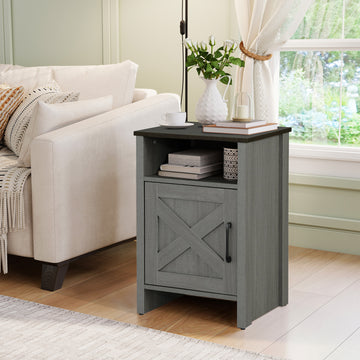 Farmhouse Side Storage Cabinet with Open Shelf Two Tone Brown Gray Nightstand or Accent Table