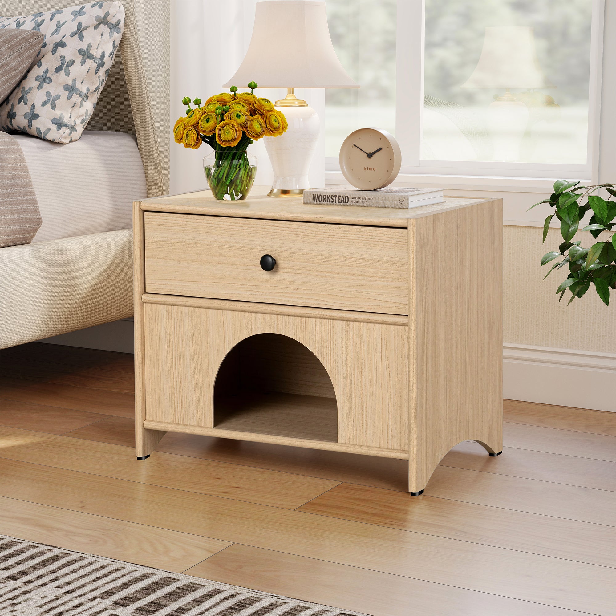 Storage Cabinet with Drawer Pet Friendly Side Table with Open Shelf Mid Century Natural Finish