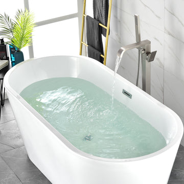 Freestanding Floor Mount Single Handle Bath Tub Filler Faucet with Handheld Shower in Brushed Nickel