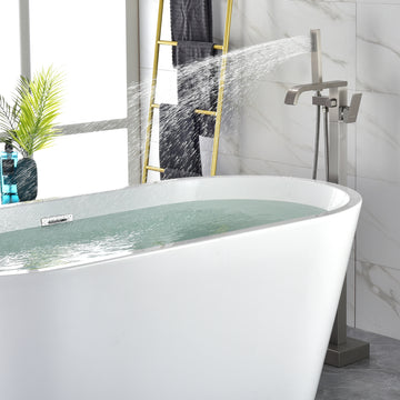 Freestanding Floor Mount Single Handle Bath Tub Filler Faucet with Handheld Shower in Brushed Nickel