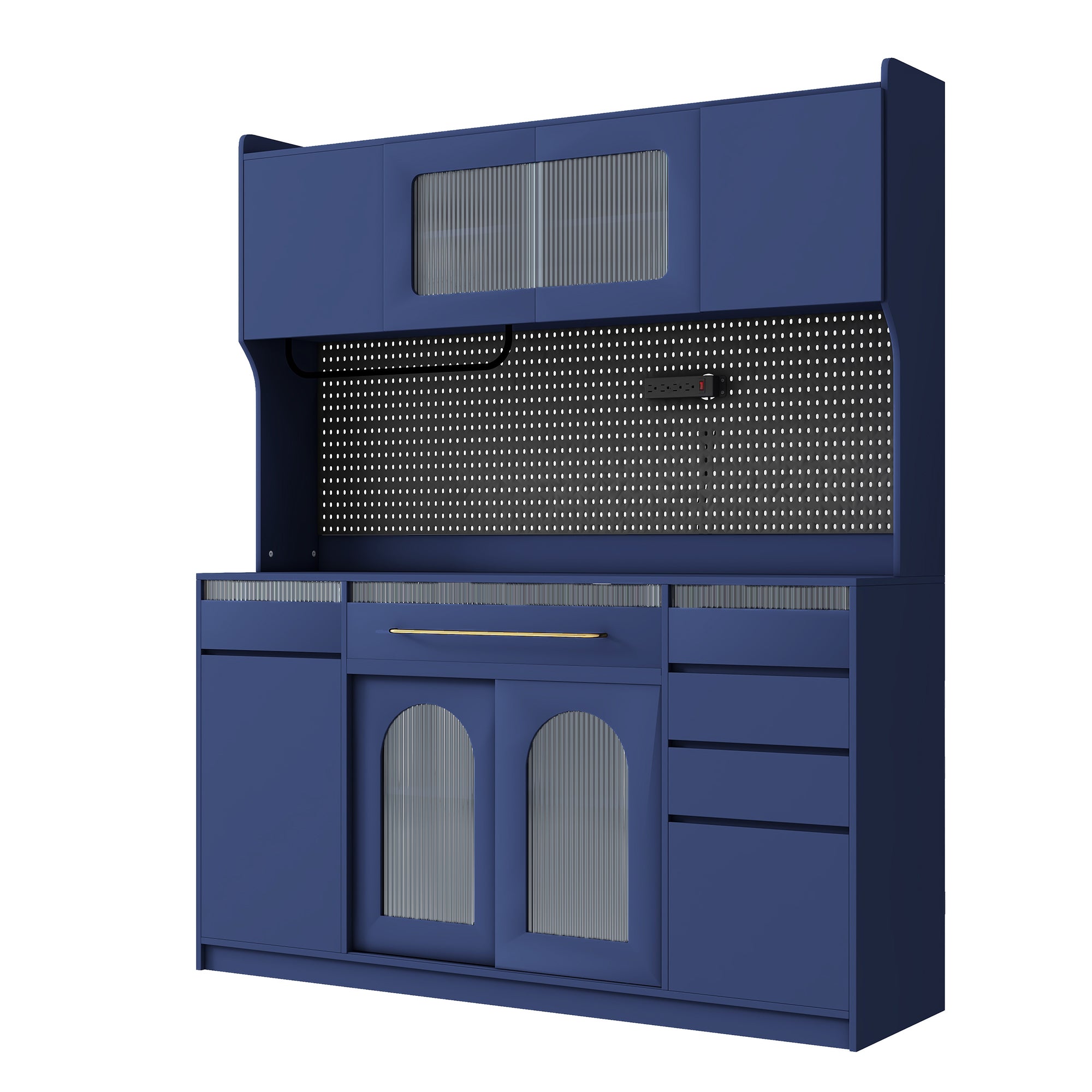 63 in Freestanding Buffet with Hutch Coffee Bar Cabinet with 6 Drawers 5 Cabinets Adjustable Shelves Pegboard Towel Rack and Power Outlet Blue