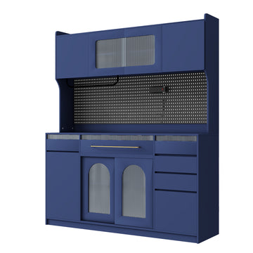 63 in Freestanding Buffet with Hutch Coffee Bar Cabinet with 6 Drawers 5 Cabinets Adjustable Shelves Pegboard Towel Rack and Power Outlet Blue