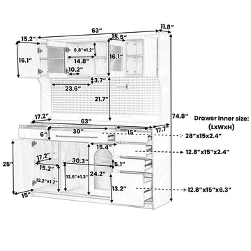 63 in Freestanding Buffet with Hutch Coffee Bar Cabinet with 6 Drawers 5 Cabinets Adjustable Shelves Pegboard Towel Rack and Power Outlet Blue