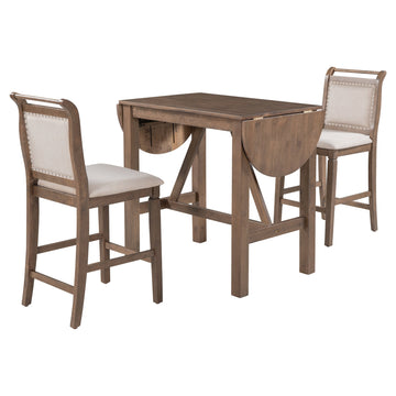 3-Piece Wood Counter Height Drop Leaf Dining Table Set with 2 Upholstered Dining Chairs for Small Place