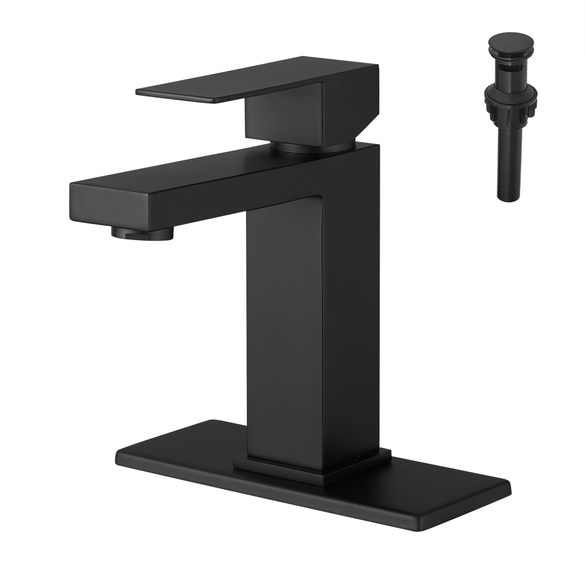 Single Handle Single Hole Bathroom Faucet Matte Black with Deck Plate Pop Up Drain and Water Supply Hoses