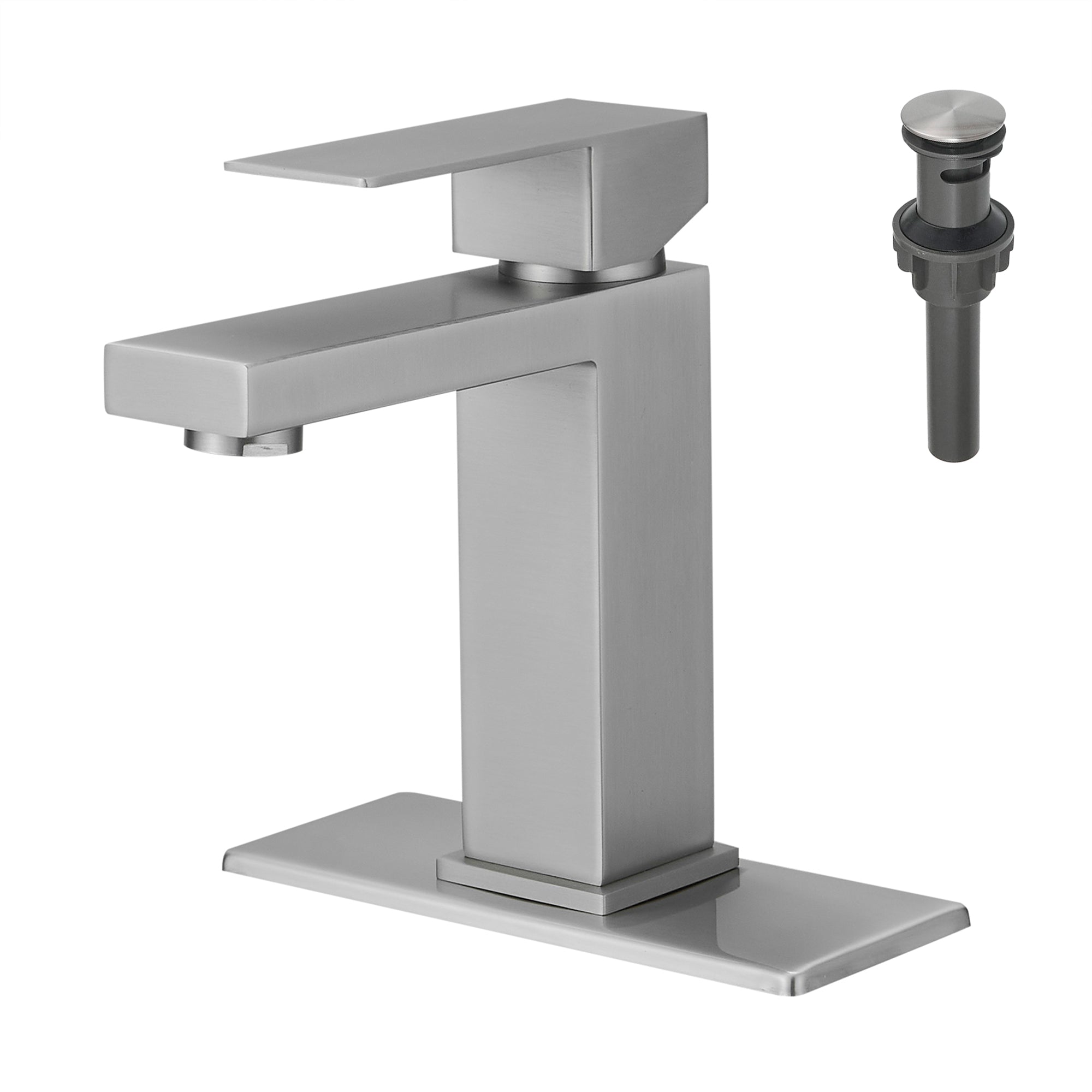 Single Handle Single Hole Bathroom Faucet Brushed Nickel with Deck Plate Pop Up Drain and Water Supply Hoses