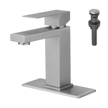 Single Handle Single Hole Bathroom Faucet Brushed Nickel with Deck Plate Pop Up Drain and Water Supply Hoses