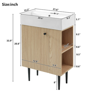 21.6 Inch Wood Bathroom Vanity with Ceramic Sink, Right Side Storage, Soft-Close Door, Modern Small Bathroom Cabinet
