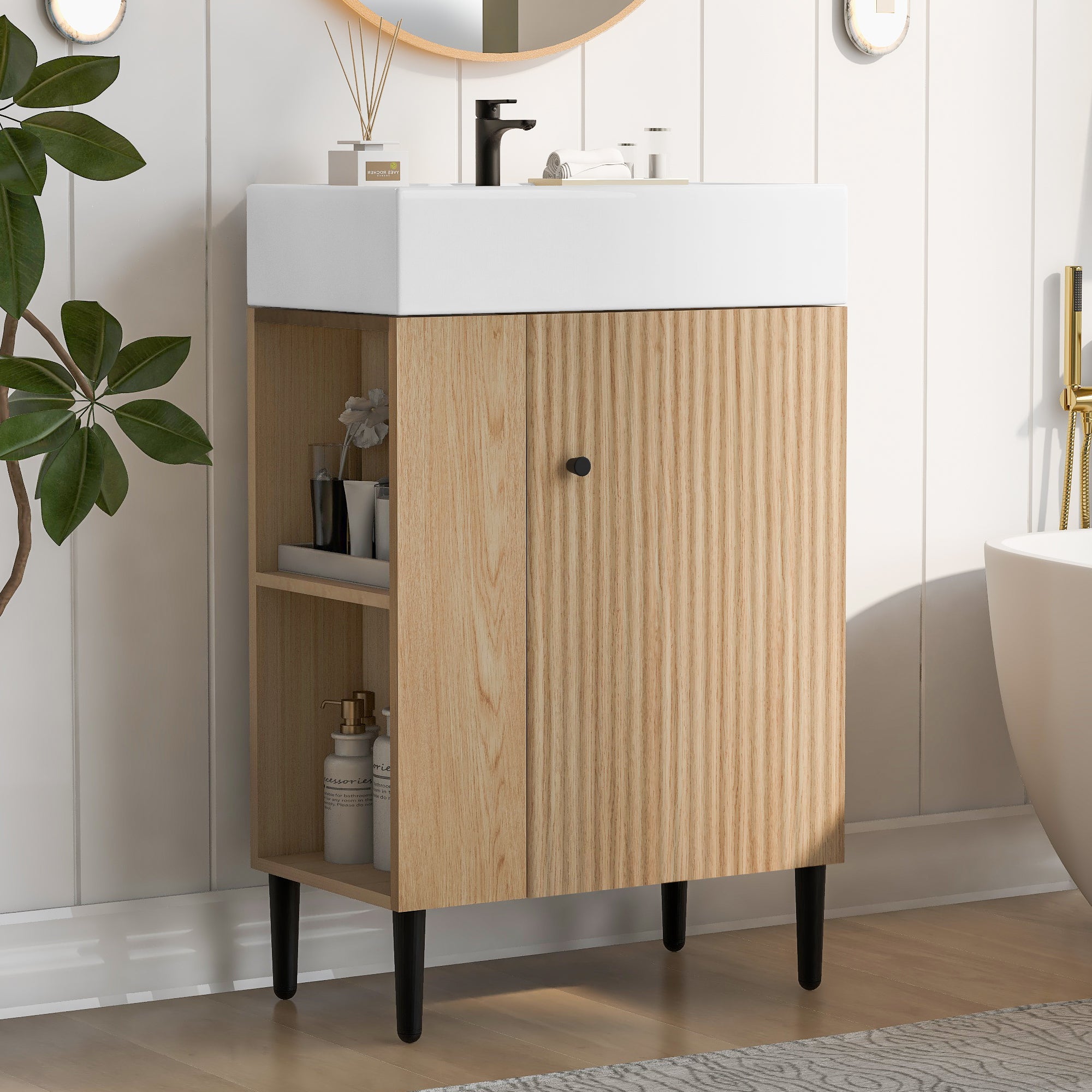 21.6 Inch Wood Bathroom Vanity with Ceramic Sink, Left Side Storage, Soft-Close Door, Modern Small Bathroom Cabinet
