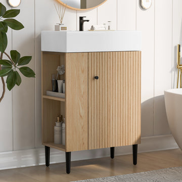 21.6 Inch Wood Bathroom Vanity with Ceramic Sink, Left Side Storage, Soft-Close Door, Modern Small Bathroom Cabinet
