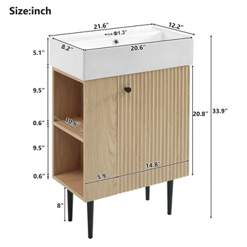 21.6 Inch Wood Bathroom Vanity with Ceramic Sink, Left Side Storage, Soft-Close Door, Modern Small Bathroom Cabinet