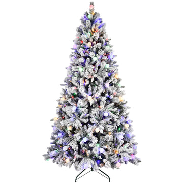 7.5 ft. Flocked Christmas Tree Pre Lit with 400 Colorful LED G45 Lights 10 Modes PE PVC Hard Needle 1523 Tips Memory Wire Hinged with Metal Stand