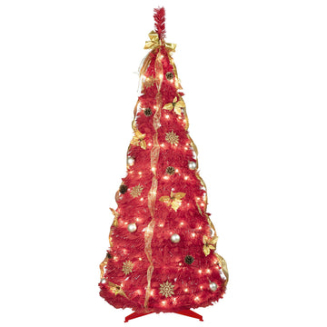 6 ft. Red Pop Up Christmas Tree Pre Lit with 150 Warm White LED Lights with Ornaments Ribbons Bow Flowers Snowflakes Pine Cones and Balls Space Saving Holiday D¡§|cor