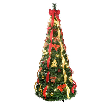 6 ft. Pop Up Christmas Tree Pre Lit with 150 Warm White UL Lights Pre Decorated with Red and Gold Ornaments Flowers Ribbons and Bows Space Saving Holiday D¡§|cor