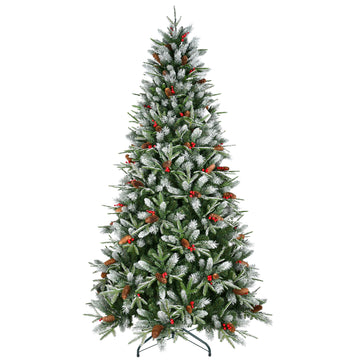 4 ft. Christmas Tree with 747 Tips Snow Dusted PE PVC Hinged with Red Berries Pine Cones and Metal Stand Full Holiday Decoration