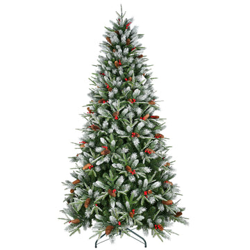 5 ft. Christmas Tree with 1131 Tips Snow Dusted PE PVC Hinged with Red Berries Pine Cones and Metal Stand Full Holiday Decoration