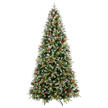 6 ft. Christmas Tree Pre Lit with 350 Warm White LED Lights 1593 Snow Tipped PE PVC Hinged with Red Berries Pine Cones and Metal Stand Holiday Decoration