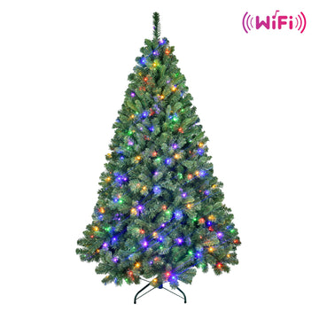 7 ft. PVC Christmas Tree Pre Lit with 380 WiFi Music Sync LED Lights App Controlled Hinged 1339 Tips with Metal Stand