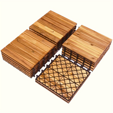 10PCS 11.8 x 11.8 inch Interlocking Acacia Wood Deck Tiles for Outdoor Patio Garden and Poolside
