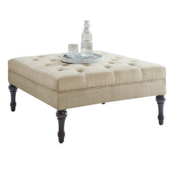 Beige Button-Tufted Ottoman with Dark Wooden Legs, Linen Upholstery, Classic Accent Footrest or Coffee Table