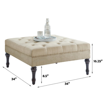 Beige Button-Tufted Ottoman with Dark Wooden Legs, Linen Upholstery, Classic Accent Footrest or Coffee Table