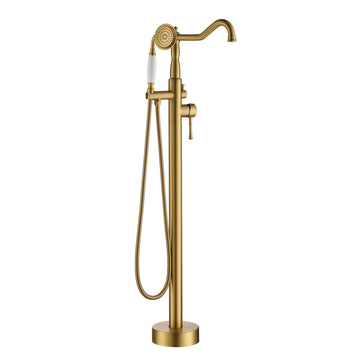 Brushed-Gold-Floor-Mount-Tub-Filler-with-Handheld-Shower-Roman-Bathtub-Faucet-Swivel-Spout-with-Brass-Rough-in-and-Water-Hose