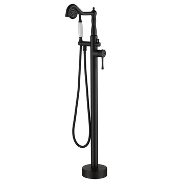 Classic Vintage Floor Mount 2-Handle Freestanding Tub Faucet with Hand Shower and Water Supply Hoses in Matte Black