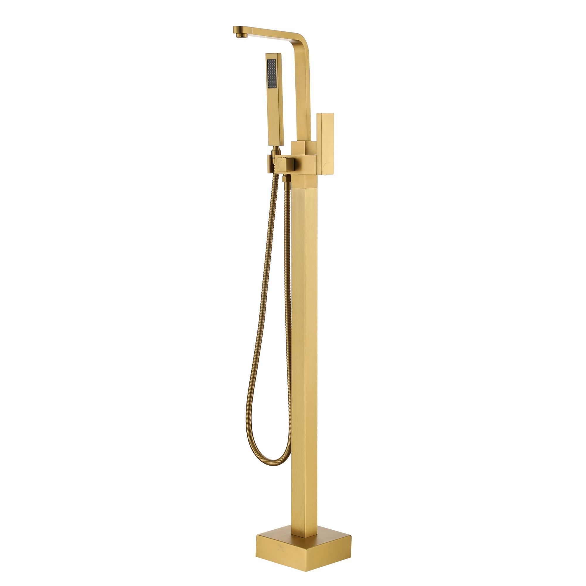 Single-Handle Floor Mount Freestanding Tub Faucet with Handheld Shower, Water Supply Hoses and Hardware in Brushed Gold