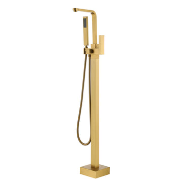 Single-Handle Floor Mount Freestanding Tub Faucet with Handheld Shower, Water Supply Hoses and Hardware in Brushed Gold