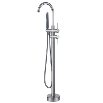 2-Handle Floor Mount Freestanding Tub Faucet with Hand Shower and Water Supply Hoses in Brushed Nickel