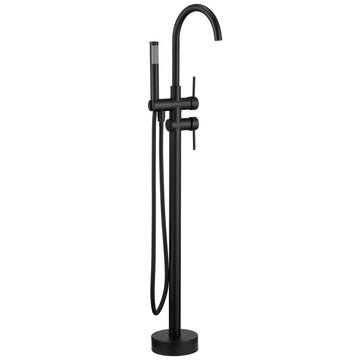 2-Handle Floor Mount Freestanding Tub Faucet with Hand Shower and Water Supply Hoses in Matte Black
