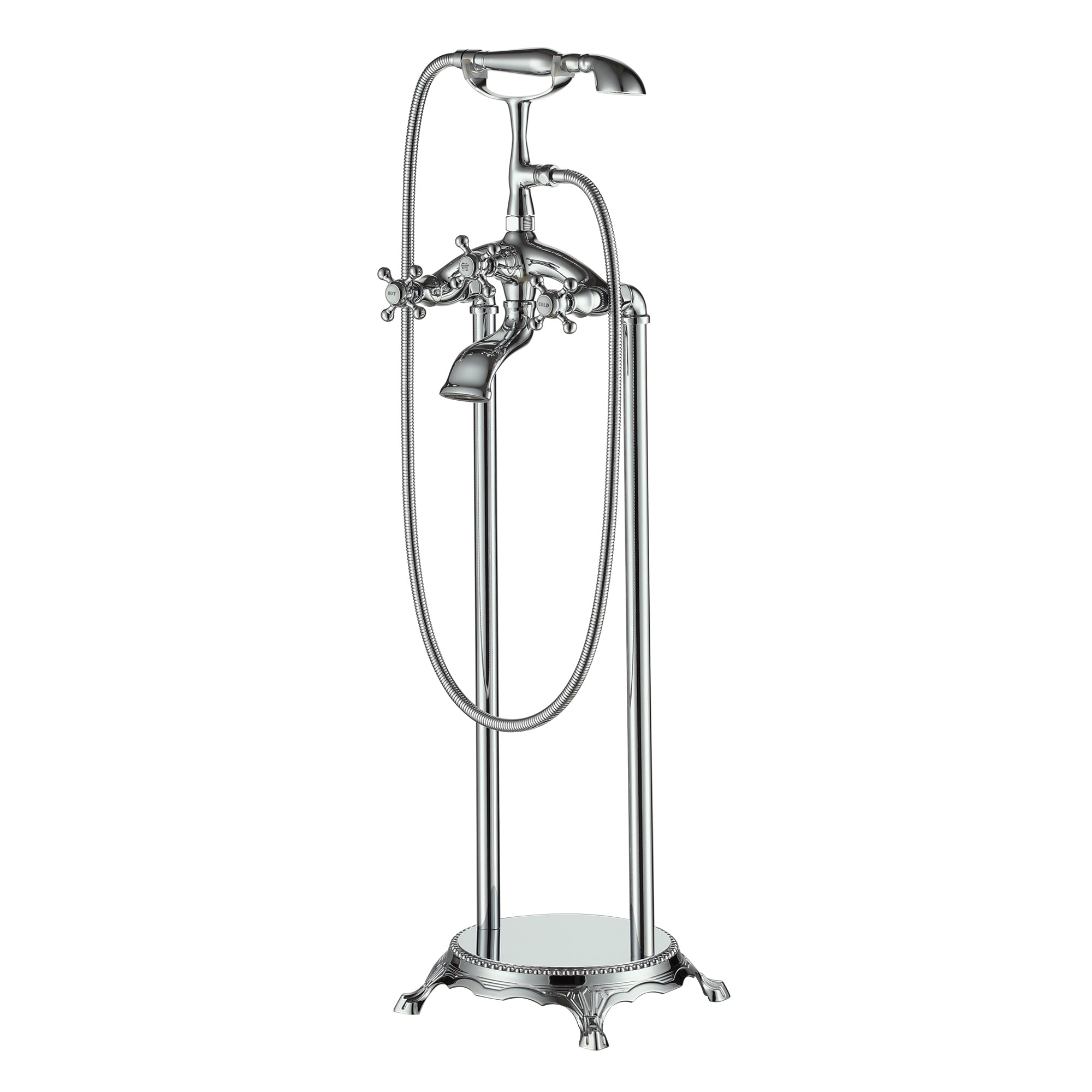 Vintage Floor Mount 3-Handle Freestanding Tub Faucet with Hand Shower and Water Supply Hoses in Chrome