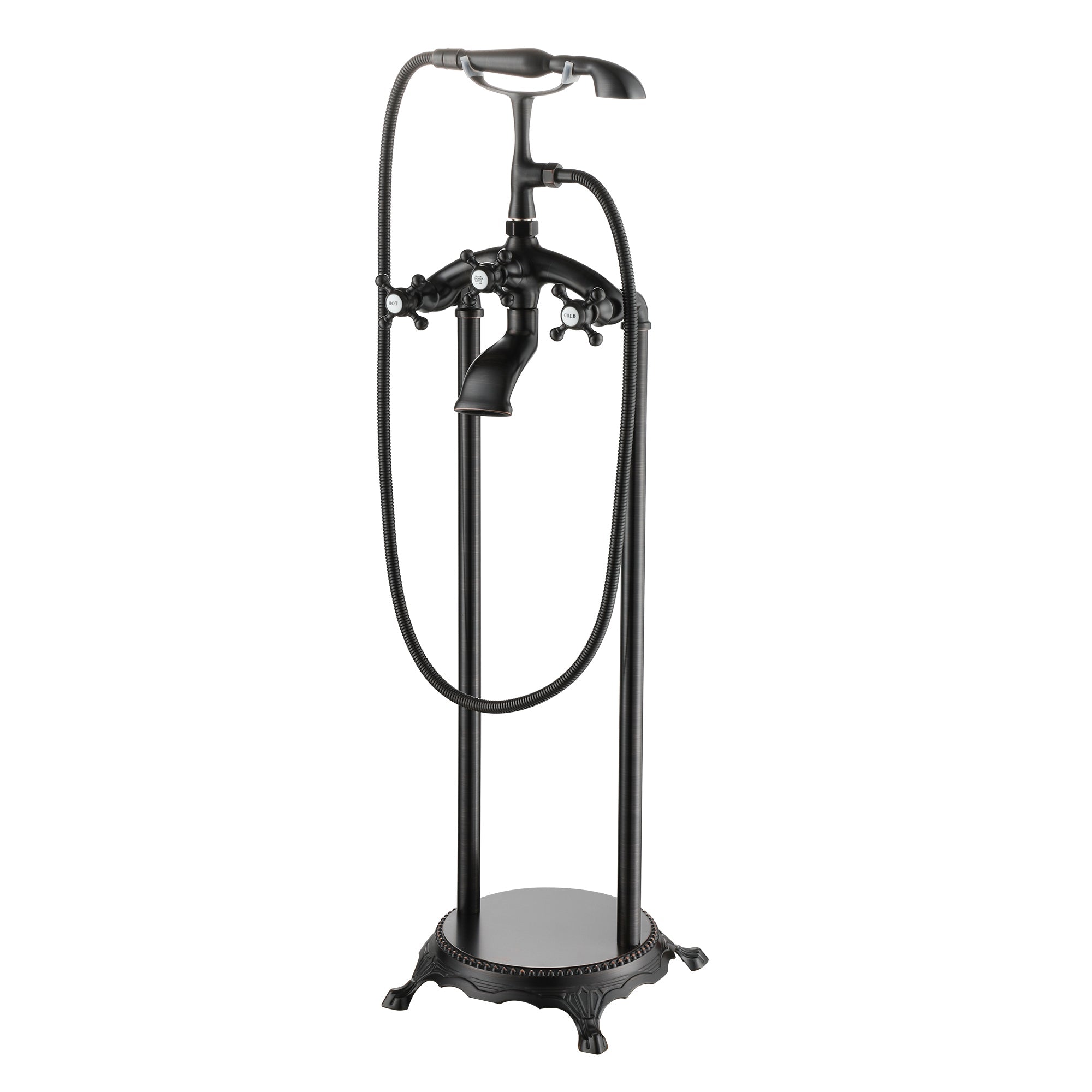 Vintage Floor Mount 3-Handle Freestanding Tub Faucet with Hand Shower and Water Supply Hoses in Oil Rubbed Bronze