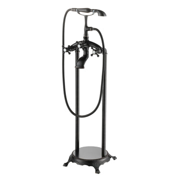 Vintage Floor Mount 3-Handle Freestanding Tub Faucet with Hand Shower and Water Supply Hoses in Oil Rubbed Bronze