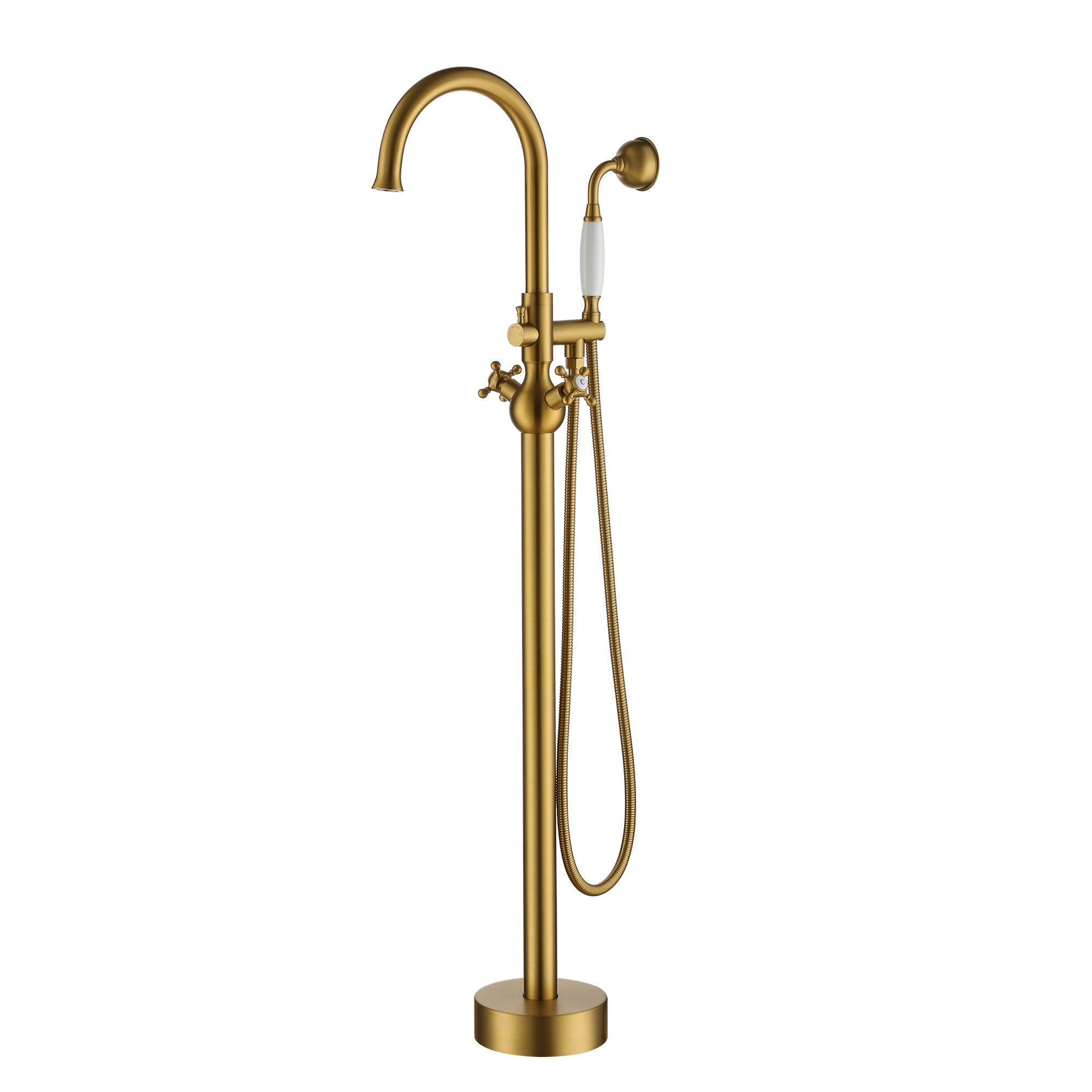 Classic Floor Mount 3-Handle Freestanding Tub Faucet with Hand Shower and Water Supply Hoses in Brushed Gold