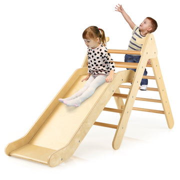 2-in-1 Wooden Triangle Climber Set with Gradient Adjustable Slide